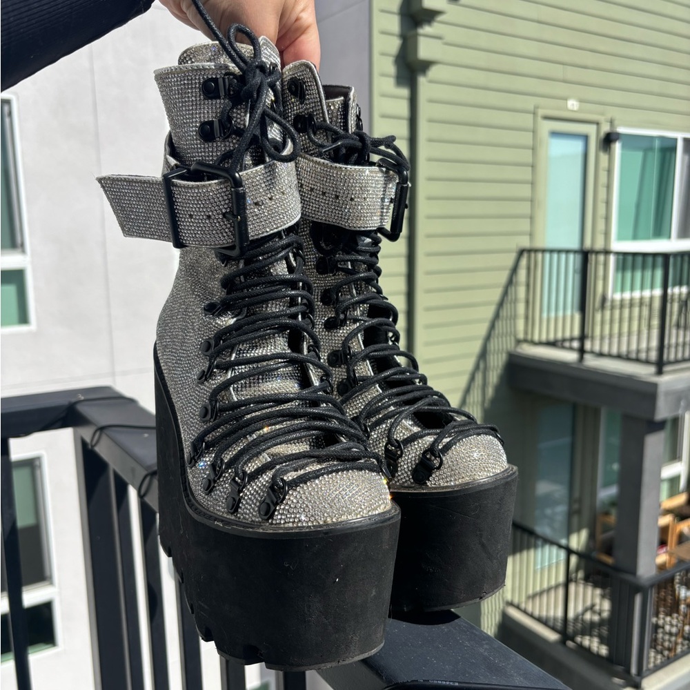 Dolls Kill Silver and Black Platform Boots with Thick Sole